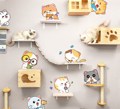 Cartoon cat wall sticker featuring multiple playful cats, one reaching for a fish, with "I LOVE FISH" text. - Image 11