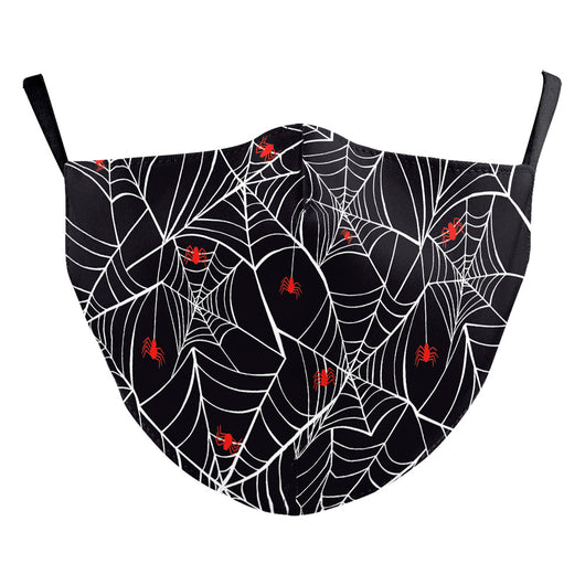 Black ear hook dust mask with white spiderweb pattern and small red spiders, perfect for Halloween. - Image 29