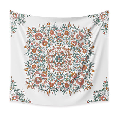 White bohemian retro tapestry with a central coral, teal, and brown floral mandala print and corner accents. - Image 8