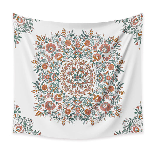 White bohemian retro tapestry with a central coral, teal, and brown floral mandala print and corner accents. - Image 8