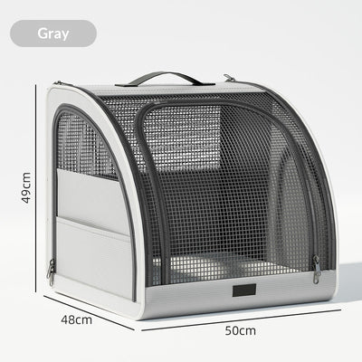Gray portable pet carrier with mesh windows, a top handle, and side pocket, measuring 49cm H x 48cm W x 50cm L. - Image 5