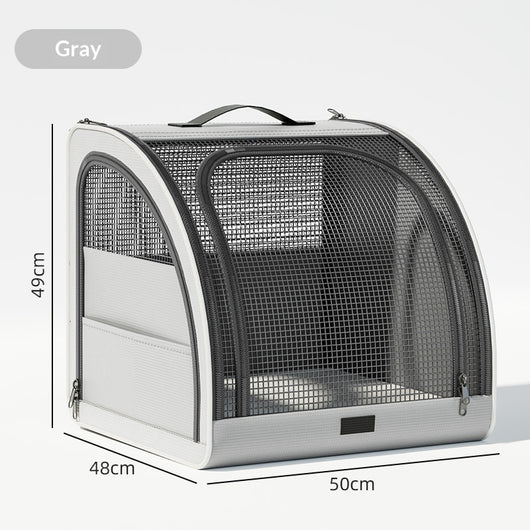 Gray portable pet carrier with mesh windows, a top handle, and side pocket, measuring 49cm H x 48cm W x 50cm L. - Image 5