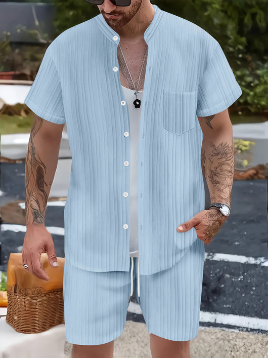Conjunto Casual de 2 Piezas: Camisa Cuello Parado y Shorts para Hombre - Image 16