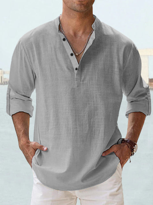Camisa de Lino Hombre Cuello Mao Manga Larga Suelta - Image 8