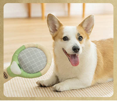 Plush dog toy set featuring a green and beige tennis racket (29cm) and a matching 6cm tennis ball. - Image 9
