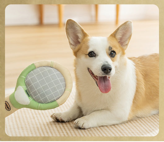 Plush dog toy set featuring a green and beige tennis racket (29cm) and a matching 6cm tennis ball. - Image 9