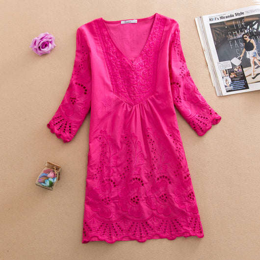Blusa Bordada de Algodón Talla Grande Suelta para Mujer