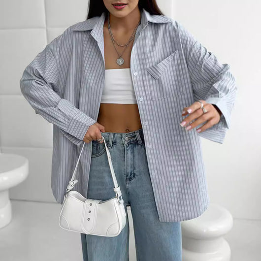 Camisa Manga Larga a Rayas con Detalles de Diamantes