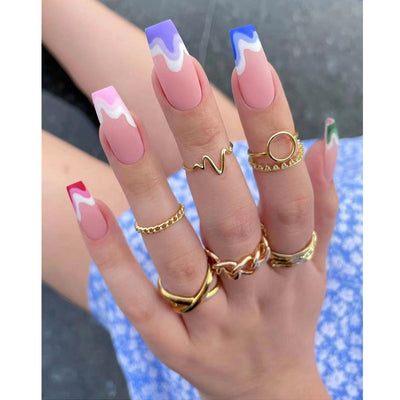 Uñas Postizas Largas Bailarina Onda Multicolor con Efecto Frosted - Image 9