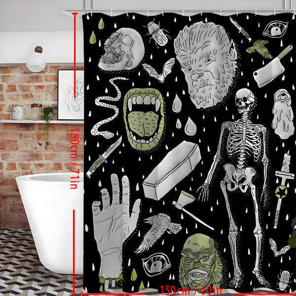 Black polyester shower curtain with a horror print featuring skeletons, skulls, monsters, and spooky elements. - Image 3