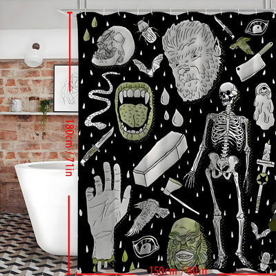 Black polyester shower curtain with a horror print featuring skeletons, skulls, monsters, and spooky elements. - Image 3