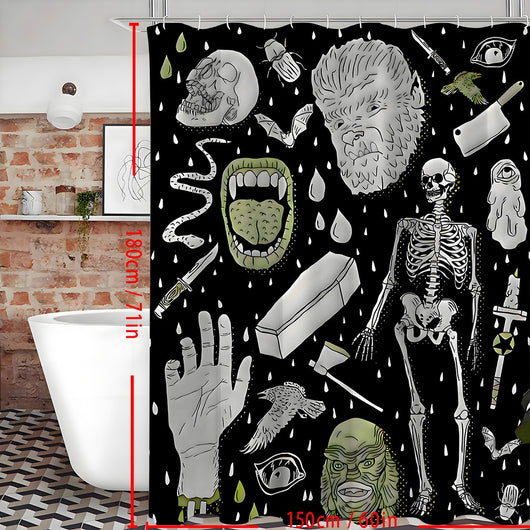 Black polyester shower curtain with a horror print featuring skeletons, skulls, monsters, and spooky elements. - Image 3