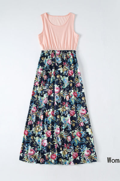 Family matching outfits including a peach and floral maxi dress, two short-sleeve shirts, a sleeveless dress, and a baby romper. - Image 3