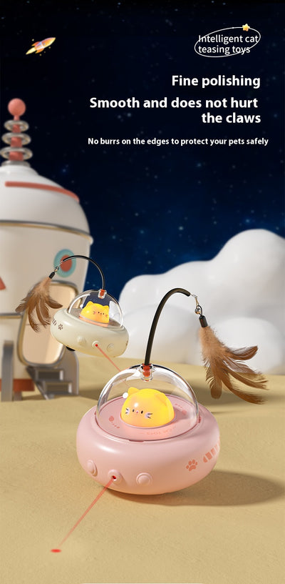 Pink electric UFO cat teaser toy with a clear dome, a cute pink cat head, and a feather wand with a bell. - Image 15