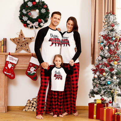 Family of three wearing matching Christmas pajamas with white tops, black raglan sleeves, and red buffalo plaid bear graphics, paired with red and black buffalo - Image 7