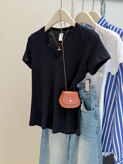 Blusa Clásica Americana Cuello V Ajustada Manga Corta - Image 7