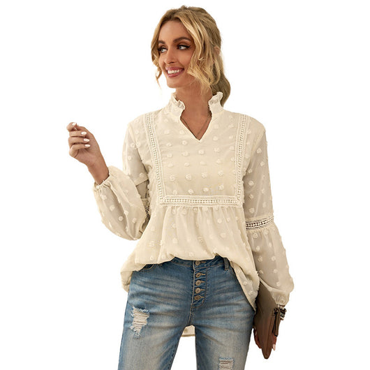 Blusa Elegante con Cuello V y Mangas Abullonadas con Detalles de Pelotitas - Image 6