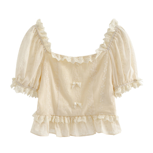 Blusa Elegante con Lazo Bordado y Encaje - Manga Corta Verano - Image 10