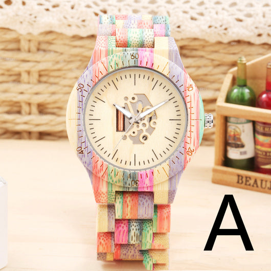Reloj de Pulsera Bambú con Movimiento Esqueleto y Esfera Grande Colorida - Image 5