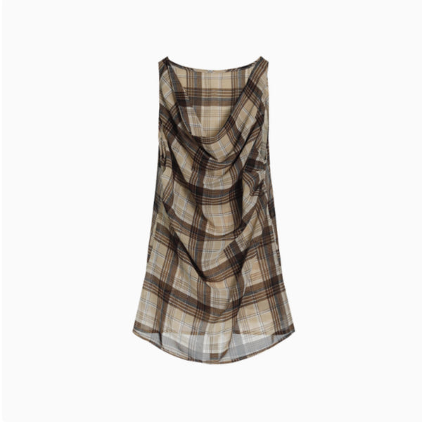 Blusa Tirantes Cuadros Vintage con Pliegues y Cuello Envolvente - Image 5