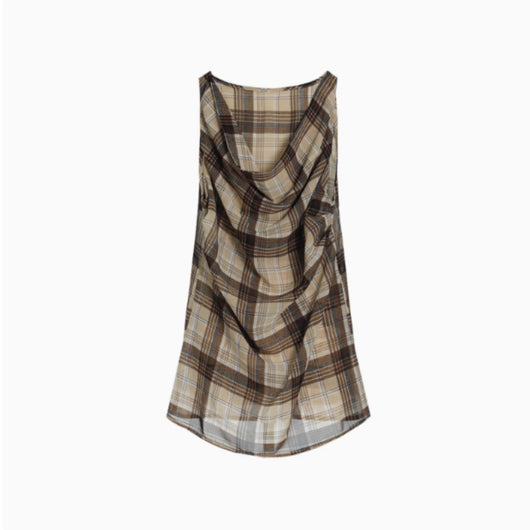 Blusa Tirantes Cuadros Vintage con Pliegues y Cuello Envolvente - Image 5