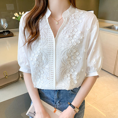 Blusa Blanca Elegante con Cuello V, Encaje Jacquard y Mangas Abullonadas - Image 6