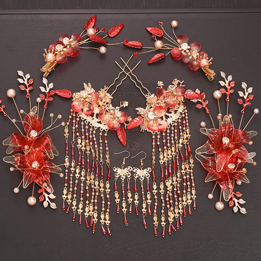 Tocado Estilo Antiguo con Flores Rojas y Flecos - Corona de Pelo Nupcial - Image 2
