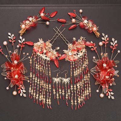 Tocado Estilo Antiguo con Flores Rojas y Flecos - Corona de Pelo Nupcial - Image 2