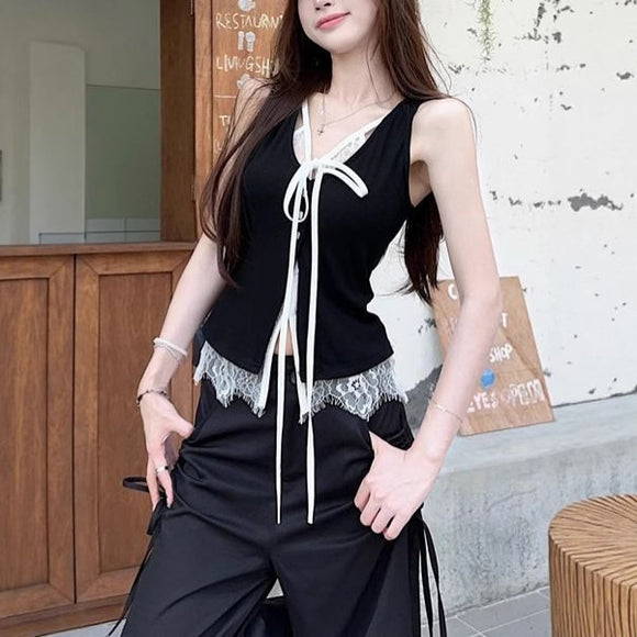 Top Elegante Sin Mangas con Encaje Falso Dos Piezas Negro