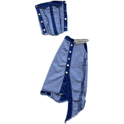 Conjunto Denim Tube Top con Falda Corta Irregular - Image 2
