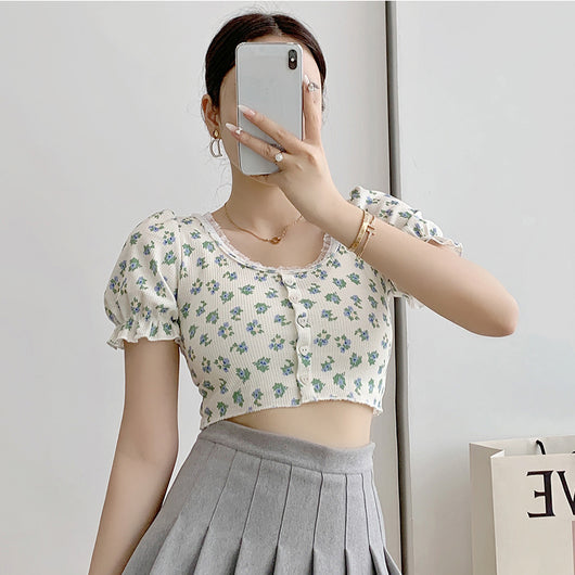 Camiseta Retro Floral con Mangas Abullonadas para Mujer - Image 11