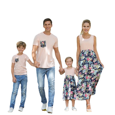 Family matching outfits including a peach and floral maxi dress, two short-sleeve shirts, a sleeveless dress, and a baby romper. - Image 4