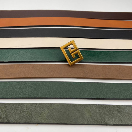 Women's brown imitation leather belt with a decorative bronze-colored square buckle featuring a geometric pattern. - Image 5