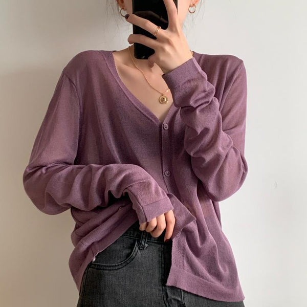 Cardigan de Seda de Hielo Tejido Fino con Protección Solar para Mujer