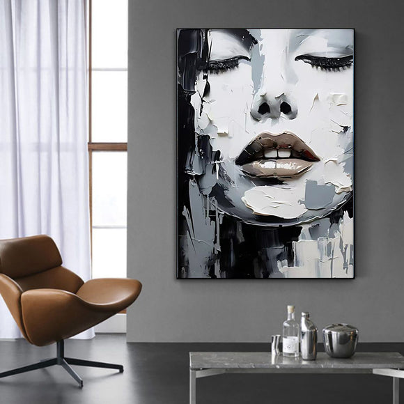 Cuadro Pintura al Óleo Abstracto Blanco y Negro Retrato Moderno de Mujer para Decoración del Hogar
