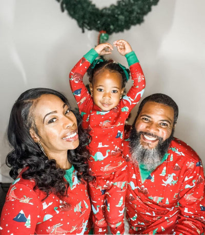 Red long-sleeved men's pajama set with a festive dinosaur and Christmas tree print, featuring green cuffs. - Image 15