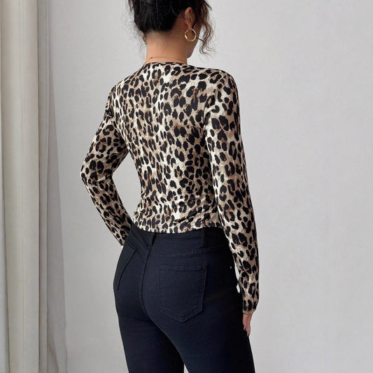 Cardigan Blusa Manga Larga Estampado Leopardo con Contraste de Colores para Mujer - Image 2