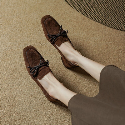 Zapatos de Tacón Grueso con Punta Cuadrada y Moño - Comodidad Premium en Cuero Dividido - Image 8