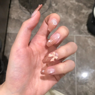 Uñas Postizas Degradado Milk Tea con Moño - Image 10