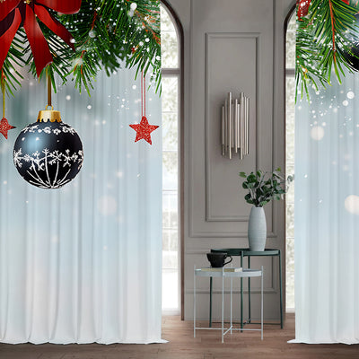 Pair of Christmas curtains with a 3D digital print of a snowy winter window scene, frosted trees, and snowflakes. - Image 26