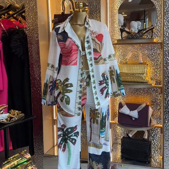 Conjunto de 3 Piezas: Blusa Estampada Manga Larga, Bralette y Pantalón Ancho