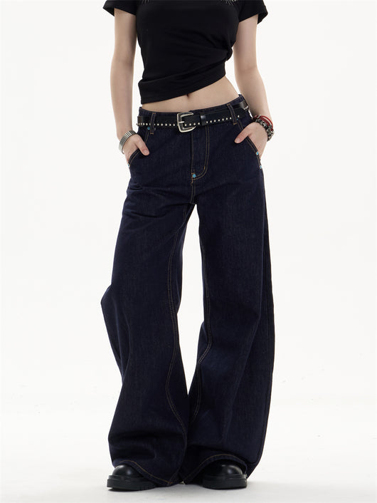 Pantalones Jeans Azul Oscuro Retro Corte Recto Ancho Casual - Image 10
