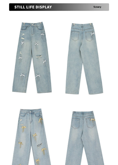 Jeans Rectos Retro con Lazada y Rotos para Mujer - Image 8