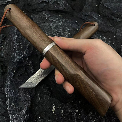 Cuchillo de Acero Damasco con Hoja Forjada, Mango de Sándalo Rojo y Vaina - Ideal para Aventuras al Aire Libre