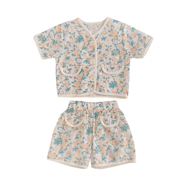 Conjunto Infantil Estilo Western Retro con Flores Caladas - Blusa y Short