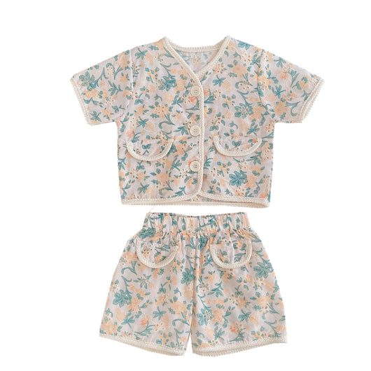 Conjunto Infantil Estilo Western Retro con Flores Caladas - Blusa y Short