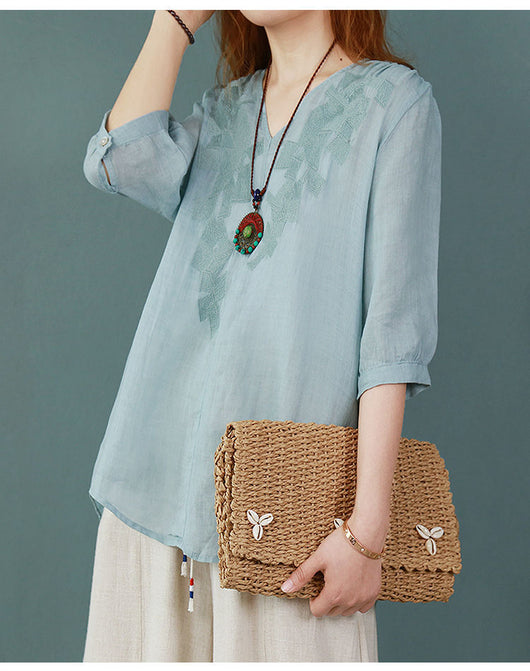 Blusa Larga Atrás Corta Adelante de Algodón y Lino con Bordado para Mujer - Image 16