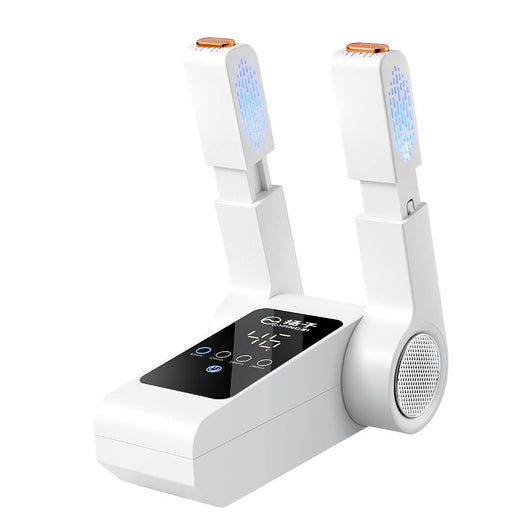 White household shoe dryer with retractable arms, digital display, and control knob, on a light wood floor. - Image 16