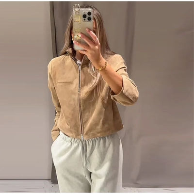 Chaqueta de Gamuza Marrón para Primavera con Cuello de Pie y Cierre - Image 12