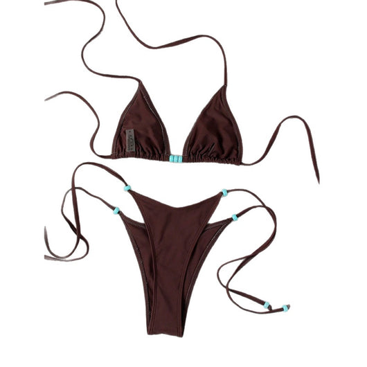 Simple women's brown separated swimwear with triangle top and thong bottom, featuring lace-up ties and light blue beads. - Image 14